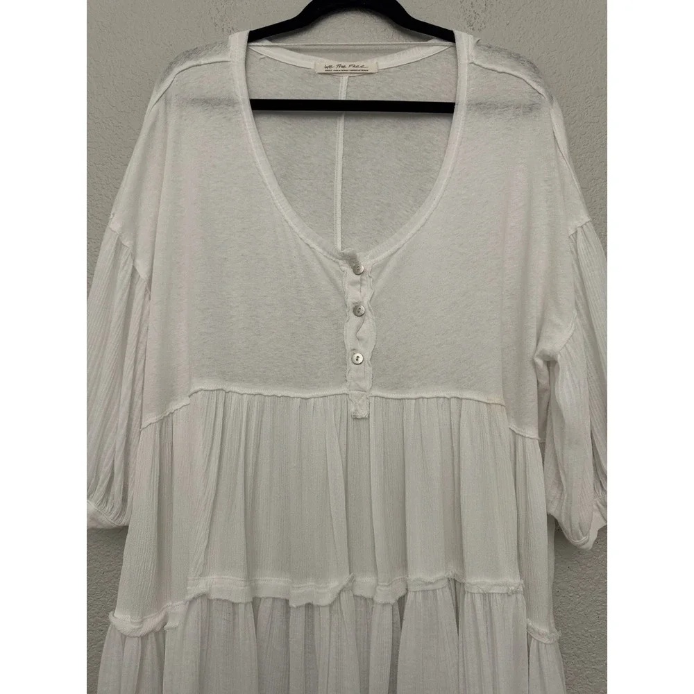 Free People We The Free Skye Tee Tiered Babydoll Henley Tunic Top White Small